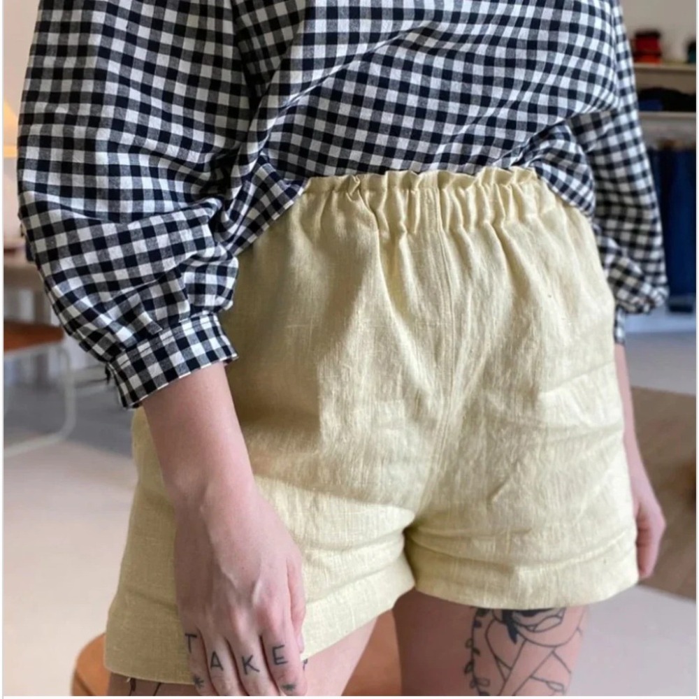 Shelter | Eva Shorts in Butter Yellow 100% Linen Elastic Waist Size XL - Picture 1 of 15